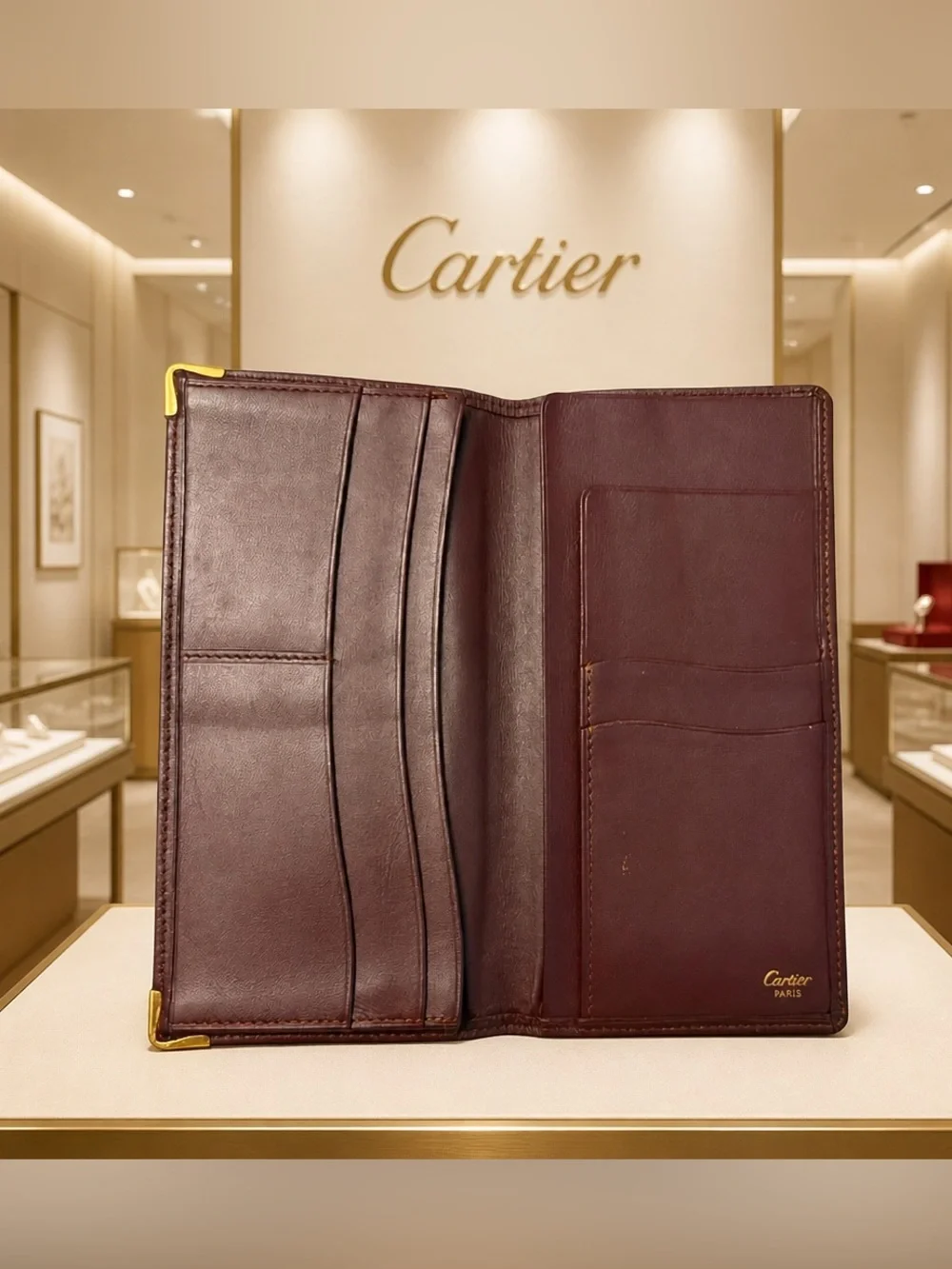 Cartier Paris Burgundy Leather Long Bifold Wallet & Checkbook Holder